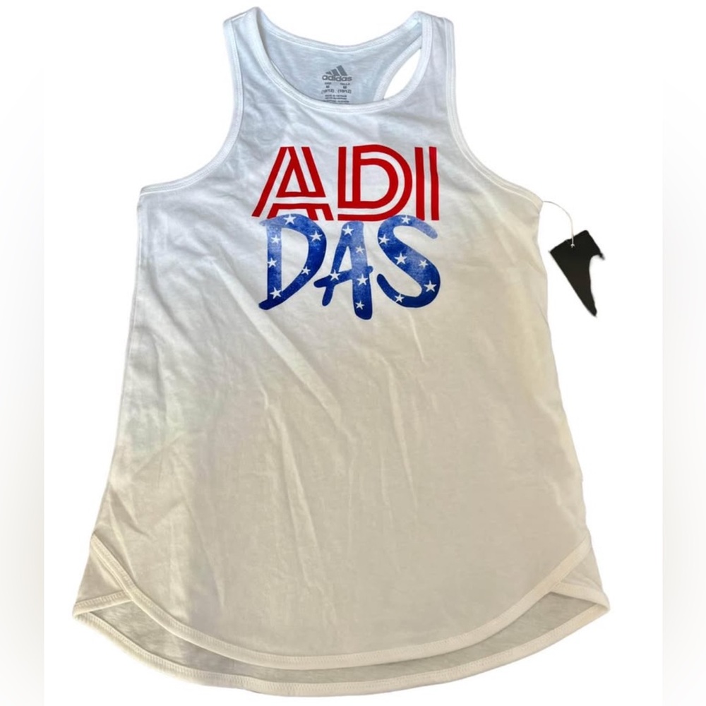 NWT Adidas White Tank Top with Red and Blue Patriotic Design size 10